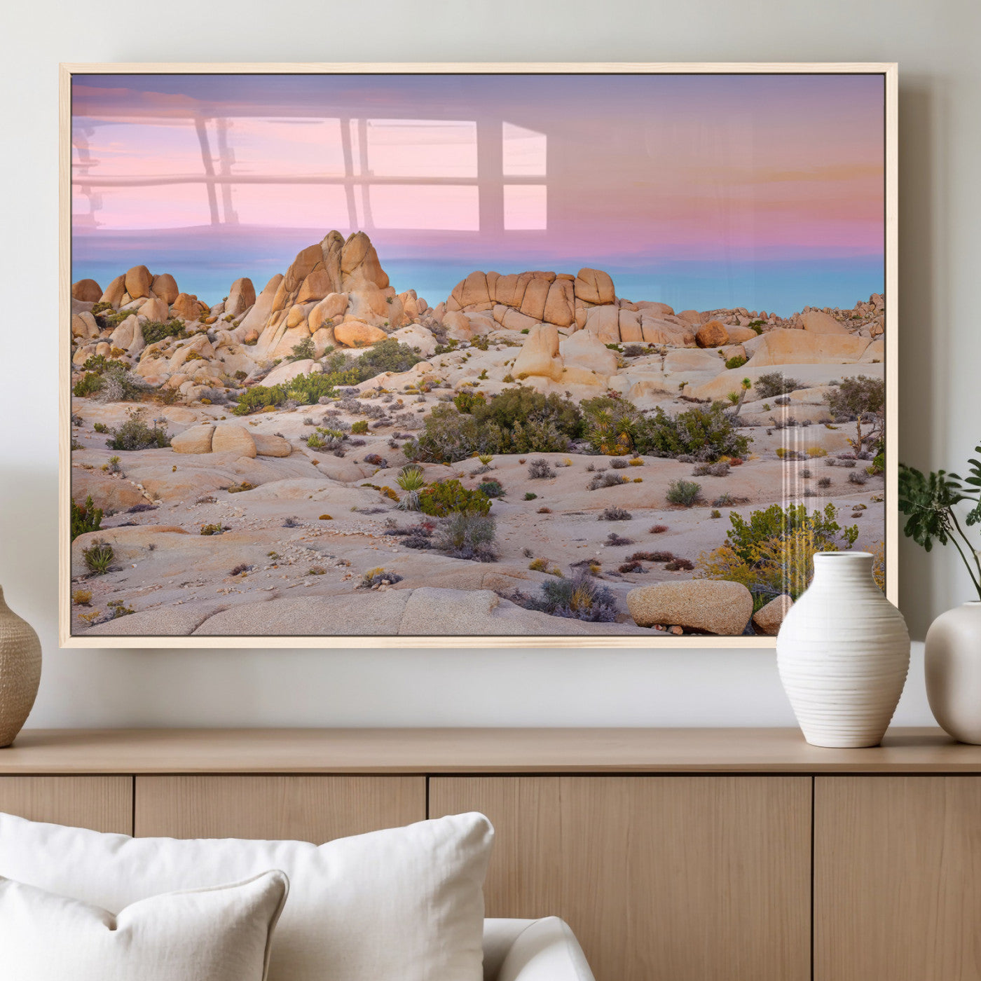 96167137-MGV-FP-60X30-3P_Natural-Vibrant Sunset Sky Wall Art Canvas Print, Framed Joshua Tree Art Picture Print, Rugged Terrain Perfect Southwestern Boho Decor
