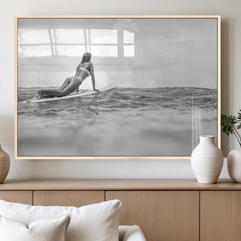 69798068-MGV-FP-60X30-3P_Natural-Black White Surfing Wall Art Canvas Print, Framed Ocean Horizon Art Picture Print, Surfer Girl Perfect Coastal Adventure Decor
