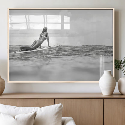 69798068-MGV-FP-60X30-3P_Natural-Black White Surfing Wall Art Canvas Print, Framed Ocean Horizon Art Picture Print, Surfer Girl Perfect Coastal Adventure Decor