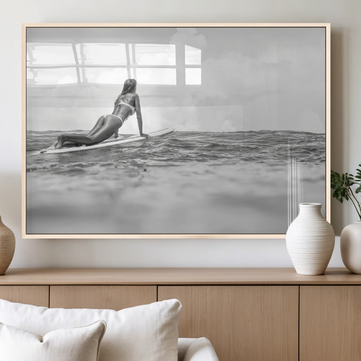 69798068-MGV-FP-36X24-3P_Natural-Black White Surfing Wall Art Canvas Print, Framed Ocean Horizon Art Picture Print, Surfer Girl Perfect Coastal Adventure Decor