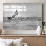 69798068-MGV-FP-36X24-3P_Natural-Black White Surfing Wall Art Canvas Print, Framed Ocean Horizon Art Picture Print, Surfer Girl Perfect Coastal Adventure Decor