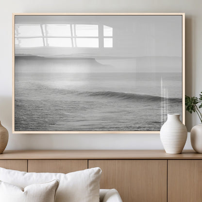 60635783-MGV-FP-60X30-3P_Natural-Black White Seascape Wall Art Canvas Print, Framed Ocean Waves Art Picture Print, Misty Coastal Perfect Minimalist Coastal Decor