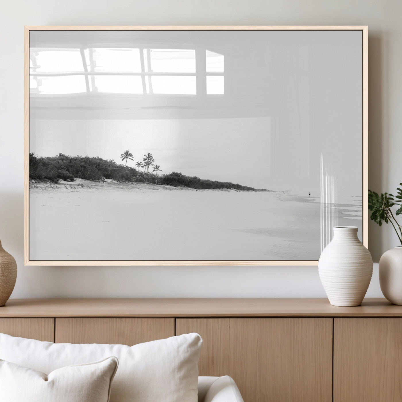 29611516-MGV-FP-36X24-3P_Natural-Black White Beach Wall Art Canvas Print, Framed Palm Trees Art Picture Print, Monochrome Tropical Perfect Minimalist Coastal Decor