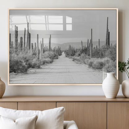 35537313-MGV-FP-36X24-3P_Natural-Monochrome Desert Wall Art Canvas Print, Framed Cactus Path Art Picture Print, Southwestern Landscape Perfect Southwestern