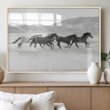 69934913-MGV-FP-36X24-3P_Natural-Wild Horses Running Wall Art Canvas Print, Framed Black White Mustangs Art Picture Print, Rustic Western Perfect Rustic Western