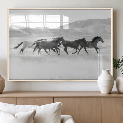 69934913-MGV-FP-36X24-3P_Natural-Wild Horses Running Wall Art Canvas Print, Framed Black White Mustangs Art Picture Print, Rustic Western Perfect Rustic Western
