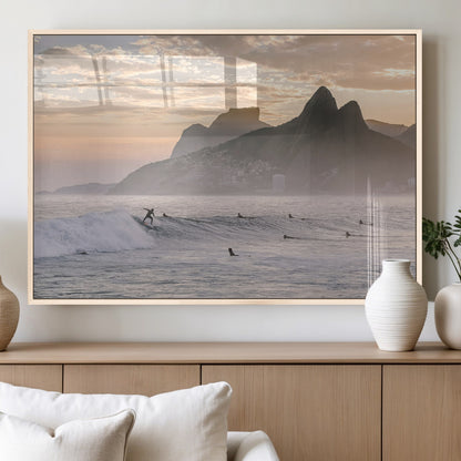 70644906-MGV-FP-36X24-3P_Natural-Sunset Surfing Wall Art Canvas Print, Framed Misty Mountains Art Picture Print, Surfer Riding Wave Perfect Coastal Adventure Decor
