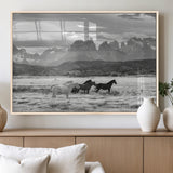 21655040-MGV-FP-60X30-3P_Natural-Wild Horses Wall Art Canvas Print, Framed Black White Mountains Art Picture Print, Rustic Countryside Perfect Rustic Western Decor