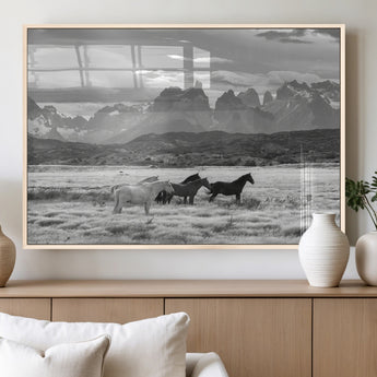 21655040-MGV-FP-60X30-3P_Natural-Wild Horses Wall Art Canvas Print, Framed Black White Mountains Art Picture Print, Rustic Countryside Perfect Rustic Western Decor