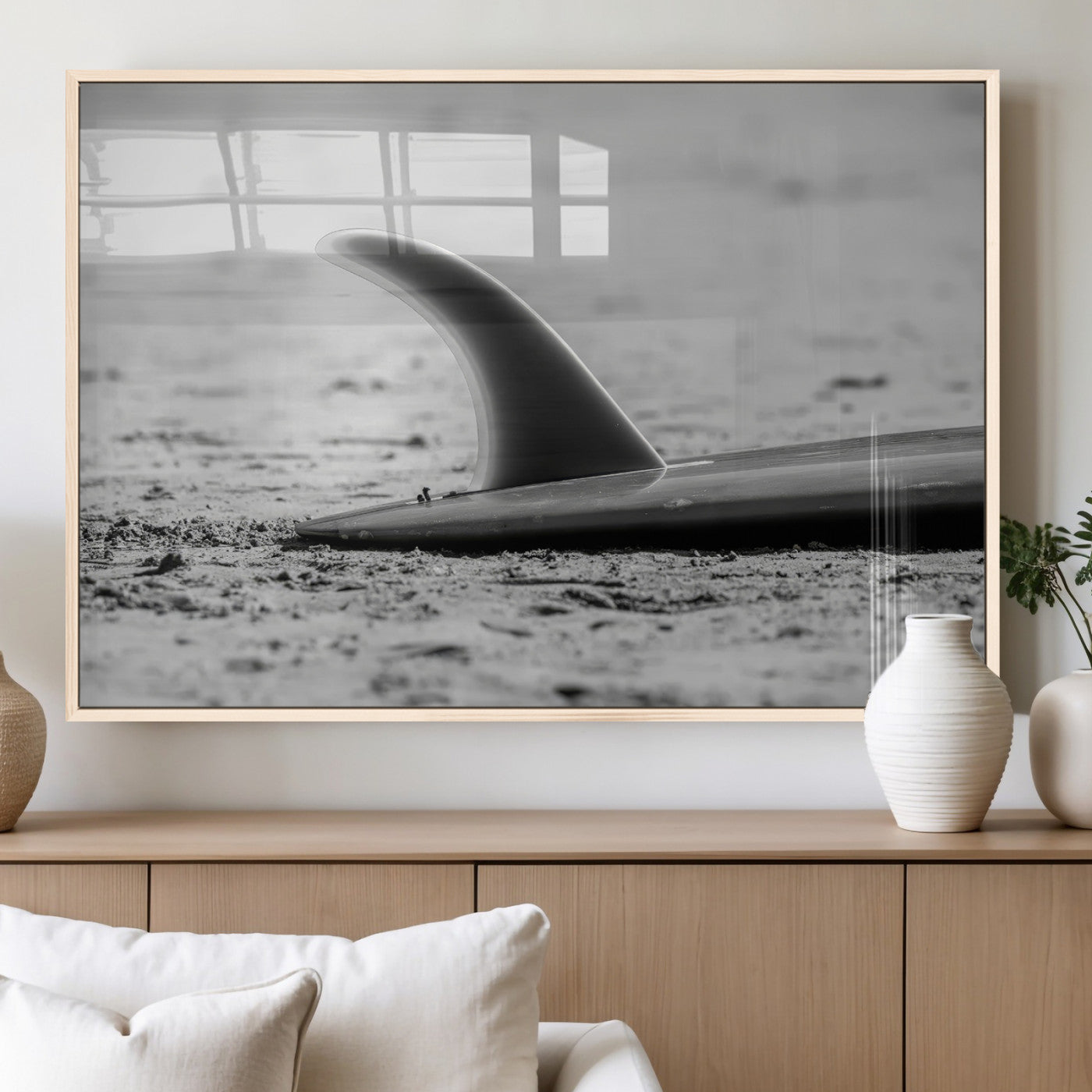 62314230-MGV-FP-36X24-3P_Natural-Black White Surfboard Wall Art Canvas Print, Framed Minimalist Beach Art Picture Print, Surf Fin Perfect Minimalist Coastal Decor