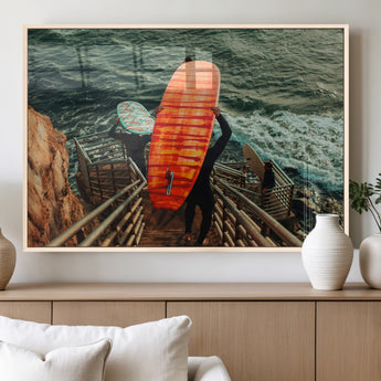 84555848-MGV-FP-60X30-3P_Natural-Surfer Stairway Wall Art Canvas Print, Framed Ocean Surf Art Picture Print, Sunset Coastal Perfect Coastal Adventure Decor Artwork