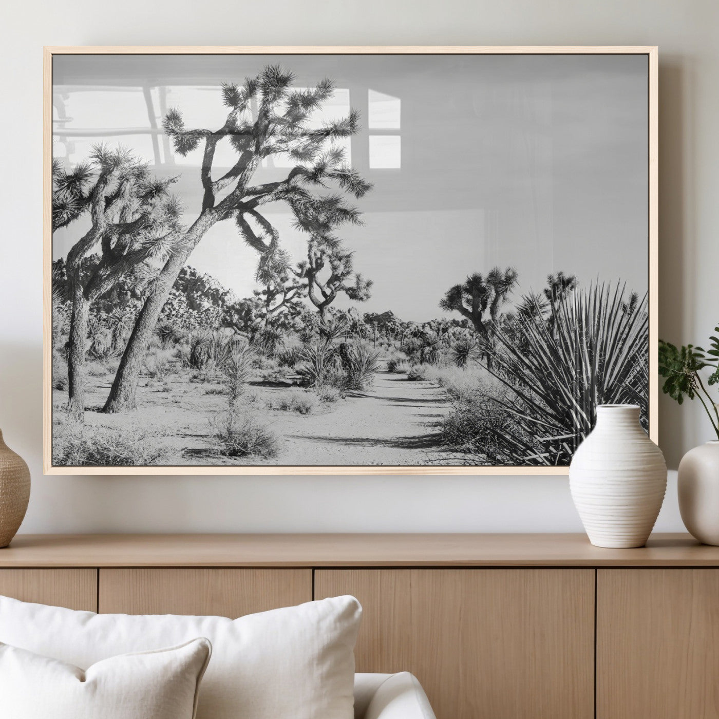 88164251-MGV-FP-60X30-3P_Natural-Joshua Tree Wall Art Canvas Print, Framed Desert Path Art Picture Print, Monochrome Desert Perfect Minimalist Desert Decor Artwork
