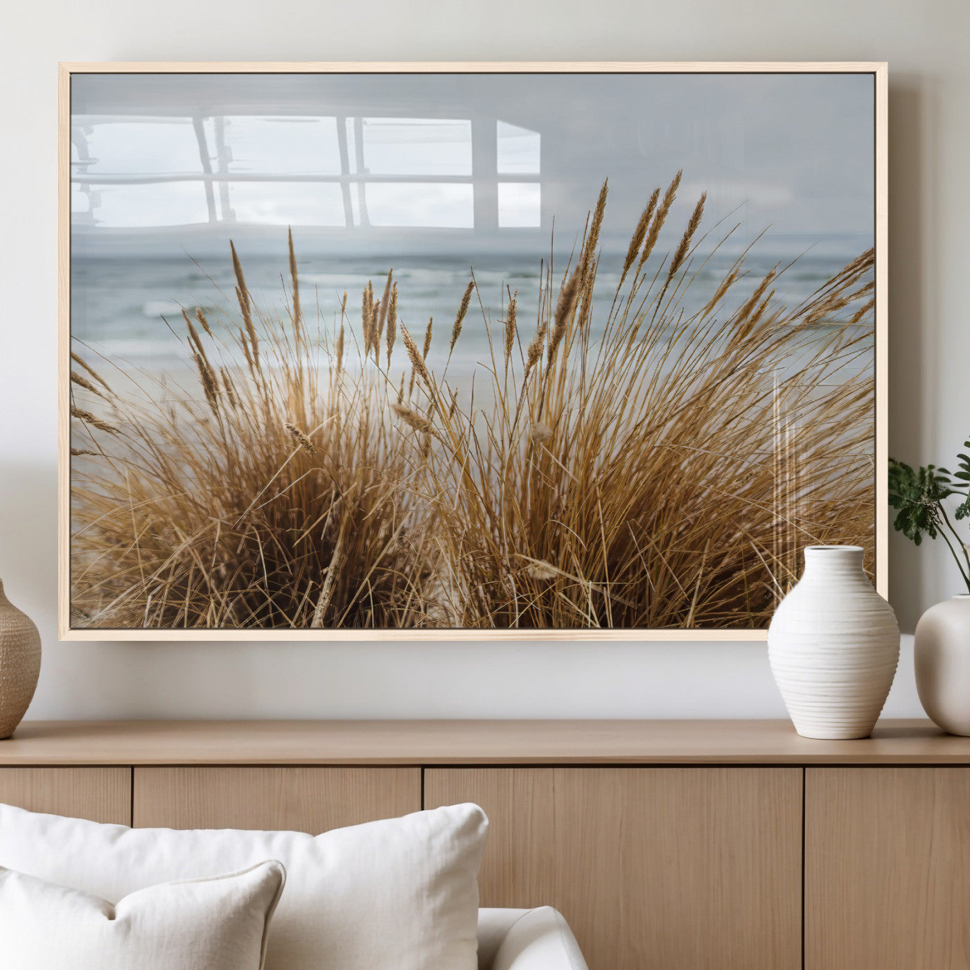 14270839-MGV-FP-60X30-3P_Natural-Beach Grass Wall Art Canvas Print, Framed Coastal Dunes Art Picture Print, Dune Grass Perfect Coastal Minimalist Decor Artwork