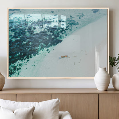33764764-MGV-FP-60X30-3P_Natural-Minimal Beach Wall Art Canvas Print, Framed Ocean Swimming Art Picture Print, Clear Ocean Perfect Minimal Coastal Decor Artwork