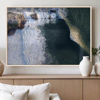 37405684-MGV-FP-60X30-3P_Natural-Nazare Coast Wall Art Canvas Print, Framed Aerial Ocean Art Picture Print, Coastal Fortress Perfect Dramatic Coastal Decor Artwork