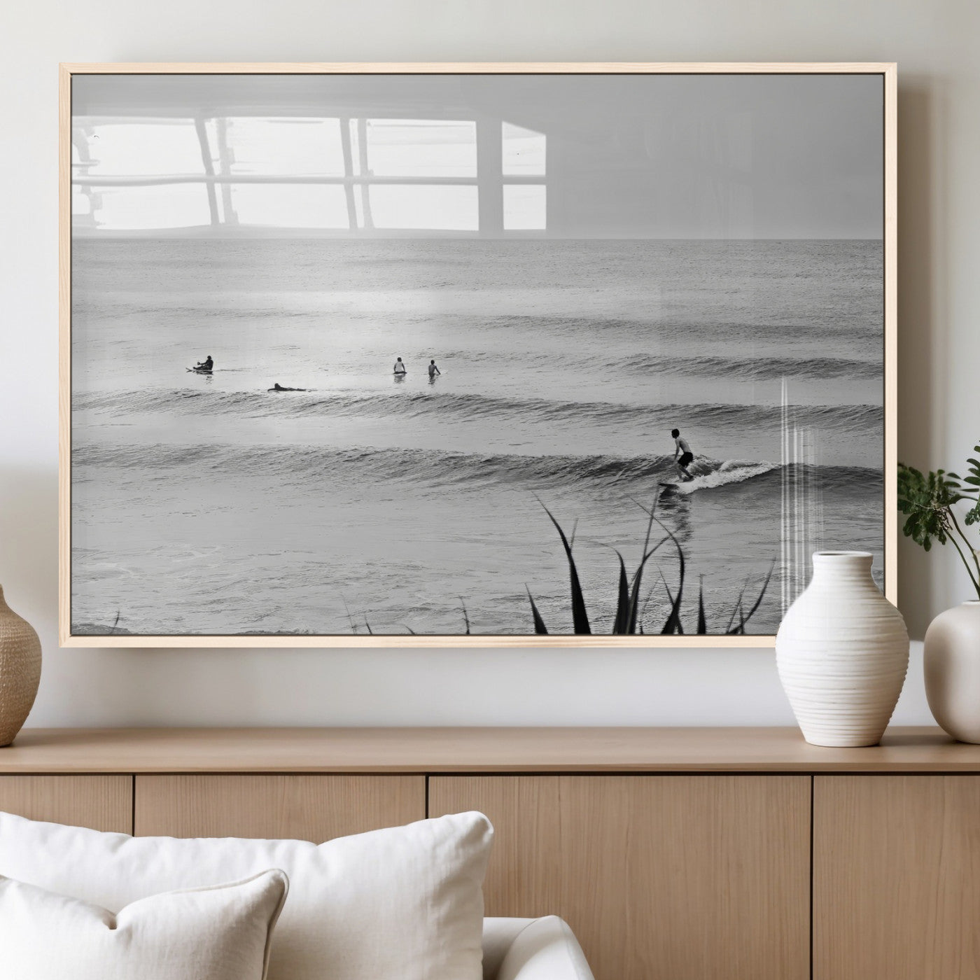 33821421-MGV-FP-60X30-3P_Natural-Surfer Silhouette Wall Art Canvas Print, Framed Calm Ocean Art Picture Print, Monochrome Surf Perfect Minimalist Coastal Decor