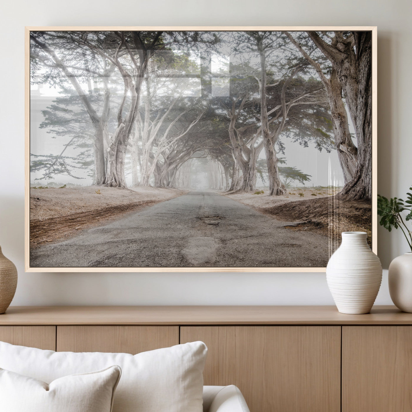 87090469-MGV-FP-60X30-3P_Natural-Cypress Tunnel Wall Art Canvas Print, Framed Misty Road Art Picture Print, Foggy Trees Perfect Rustic Woodland Decor Artwork