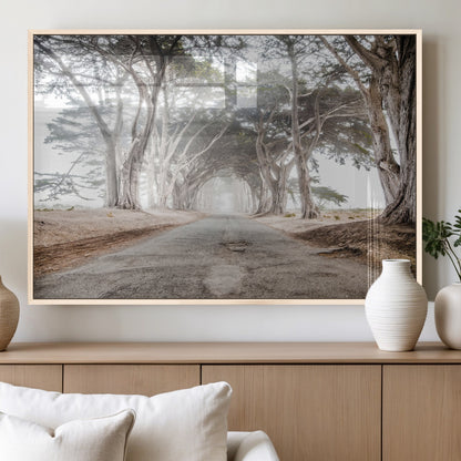 87090469-MGV-FP-60X30-3P_Natural-Cypress Tunnel Wall Art Canvas Print, Framed Misty Road Art Picture Print, Foggy Trees Perfect Rustic Woodland Decor Artwork