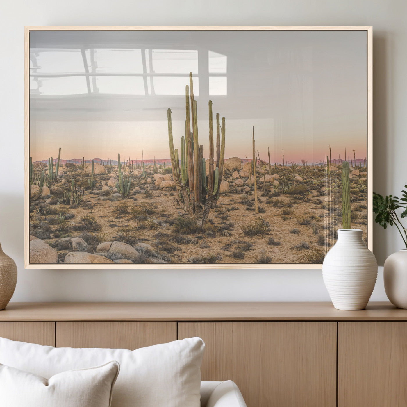 76234974-MGV-FP-60X30-3P_Natural-Desert Cactus Wall Art Canvas Print, Framed Baja Desert Art Picture Print, Pastel Desert Perfect Southwestern Boho Decor Artwork
