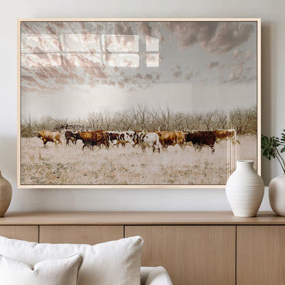64892775-MGV-FP-36X24-3P_Natural-Longhorn Cattle Wall Art Canvas Print, Framed Texas Ranch Art Picture Print, Western Cow Perfect Western Decor Artwork