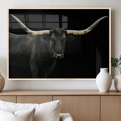 99448328-MGV-FP-36X24-3P_Natural-Longhorn Cattle Wall Art Canvas Print, Framed Texas Ranch Art Picture Print, Western Cow Perfect Farmhouse Decor Artwork
