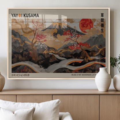 77970791-MGV-FP-36X24-3P_Natural-Mount Fuji Golden Abstract Wall Art – Japanese Landscape Canvas Poster, Cherry Blossom & Red Sun Painting, Elegant Zen Oriental
