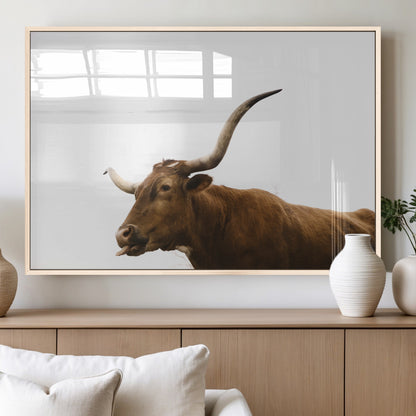 62566114-MGV-FP-60X30-3P_Natural-Longhorn Cow Art Wall Art Canvas Print, Framed Rustic Animal Decor Art Picture Print, Texas Bull Photo Perfect Rustic Farmhouse