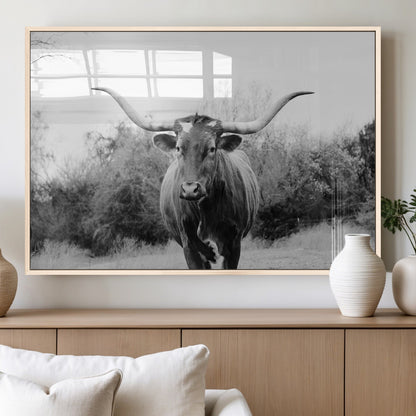 97280319-MGV-FP-60X30-3P_Natural-Longhorn Photography Wall Art Canvas Print, Framed Western Cow Decor Art Picture Print, Texas Ranch Style Perfect Rustic Farmhouse