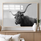 99244177-MGV-FP-36X24-3P_Natural-Longhorn Photography Wall Art Canvas Print, Framed Western Cow Decor Art Picture Print, Black White Bull Perfect Modern Rustic