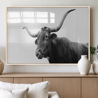99244177-MGV-FP-36X24-3P_Natural-Longhorn Photography Wall Art Canvas Print, Framed Western Cow Decor Art Picture Print, Black White Bull Perfect Modern Rustic