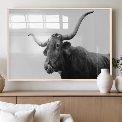 99244177-MGV-FP-36X24-3P_Natural-Longhorn Photography Wall Art Canvas Print, Framed Western Cow Decor Art Picture Print, Black White Bull Perfect Modern Rustic