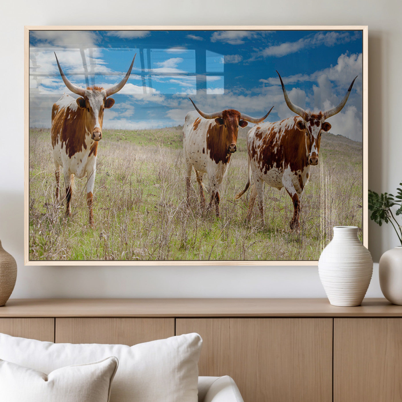58099948-MGV-FP-60X30-3P_Natural-Texas Longhorn Wall Art Canvas Print, Framed Western Decor Art Picture Print, Rustic Farmhouse Perfect Western Farmhouse Decor