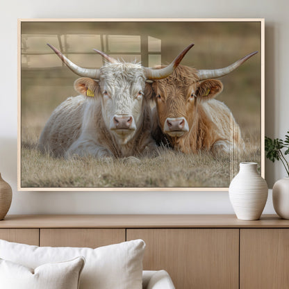 53388593-MGV-FP-60X30-3P_Natural-Cow Photography Wall Art Canvas Print, Framed Rustic Animal Decor Art Picture Print, Texas Cow Pair Perfect Western Farmhouse