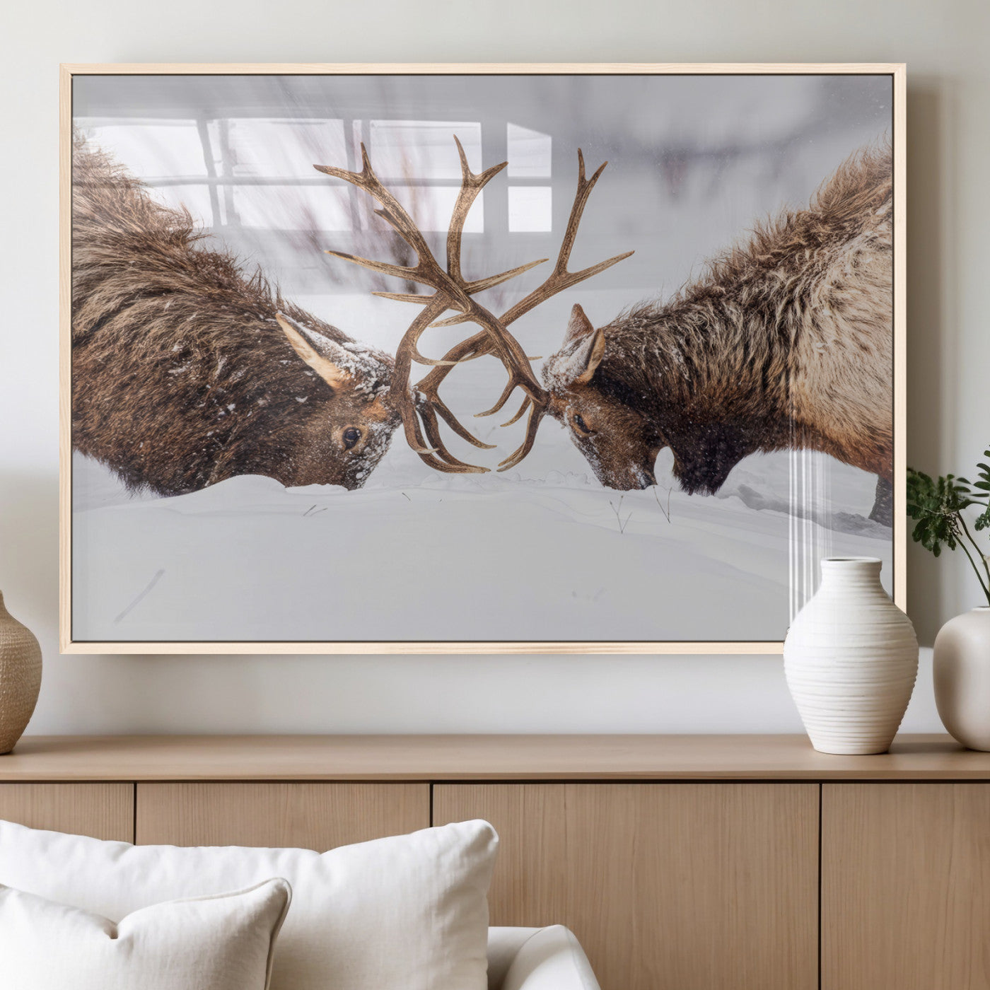 36507609-MGV-FP-60X30-3P_Natural-Elk Clash Scene Wall Art Canvas Print, Framed Wildlife Strength Decor Art Picture Print, Snowy Forest Elk Perfect Rustic Lodge