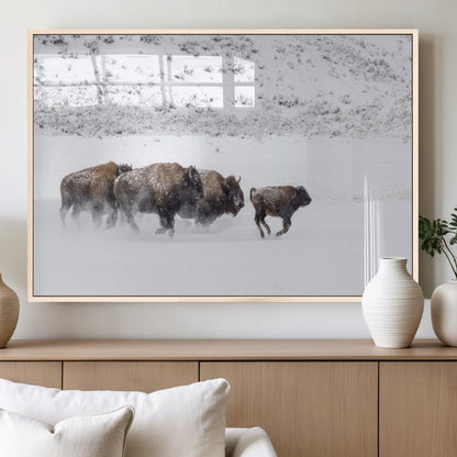 56216945-MGV-FP-60X30-3P_Natural-Bison Herd Decor Wall Art Canvas Print, Framed Snowy Bison Scene Art Picture Print, Winter Wildlife Theme Perfect Rustic Western