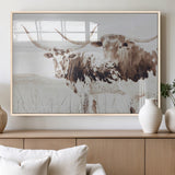 48161868-MGV-FP-60X30-3P_Natural-Longhorn Cow Decor Wall Art Canvas Print, Framed Rustic Cattle Art Picture Print, Sepia Western Vibe Perfect Neutral Rustic