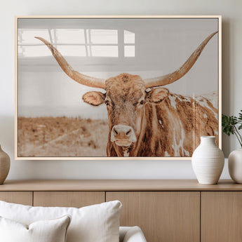 74406977-MGV-FP-36X24-3P_Natural-Longhorn Bull Decor Wall Art Canvas Print, Framed Western Cow Theme Art Picture Print, Rustic Farmhouse Wall Perfect Neutral