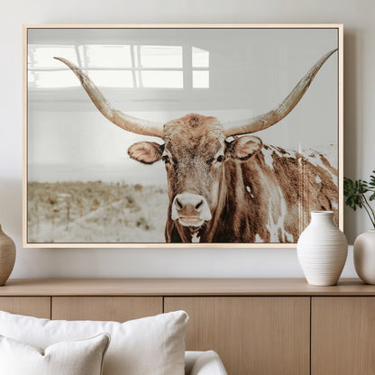 98924580-MGV-FP-60X30-3P_Natural-Texas Longhorn Bull Wall Art Canvas Print, Framed Rustic Farmhouse Decor Art Picture Print, Western Animal Theme Perfect Rustic