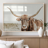 98924580-MGV-FP-36X24-3P_Natural-Texas Longhorn Bull Wall Art Canvas Print, Framed Rustic Farmhouse Decor Art Picture Print, Western Animal Theme Perfect Rustic