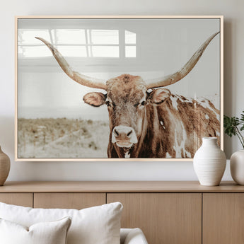 98924580-MGV-FP-36X24-3P_Natural-Texas Longhorn Bull Wall Art Canvas Print, Framed Rustic Farmhouse Decor Art Picture Print, Western Animal Theme Perfect Rustic