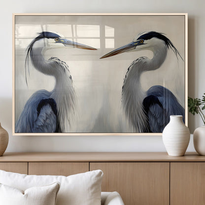 18230556-MGV-FP-36X24-3P_Natural-Blue Heron Pair Wall Art Canvas Print, Framed Coastal Bird Theme Art Picture Print, Tranquil Wildlife Scene Perfect Coastal