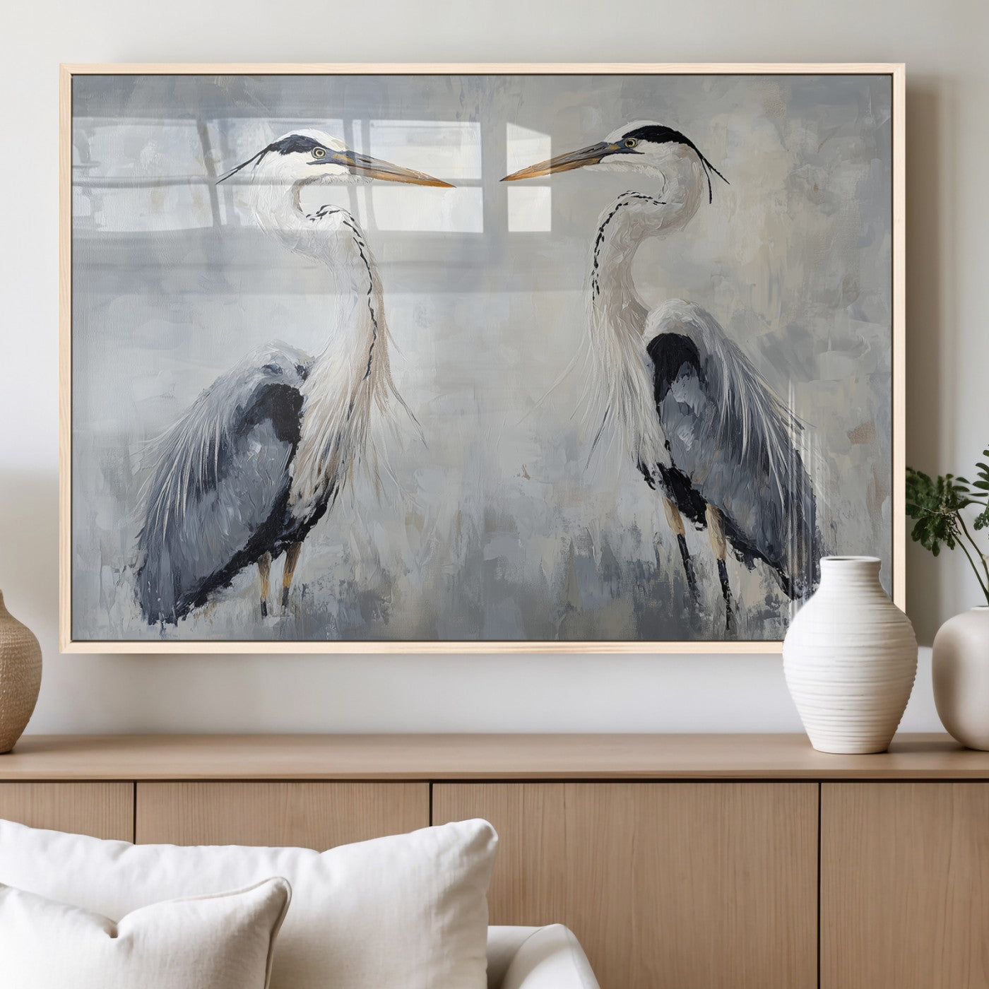 90806932-MGV-FP-36X24-3P_Natural-Heron Wall Art Wall Art Canvas Print, Framed Bird Canvas Decor Art Picture Print, Nature Inspired Perfect Coastal Minimalist Decor