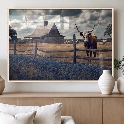 51092814-MGV-FP-36X24-3P_Natural-Texas Longhorn Wall Art Wall Art Canvas Print, Framed Rustic Barn Canvas Art Picture Print, Farmhouse Cow Decor Perfect Rustic