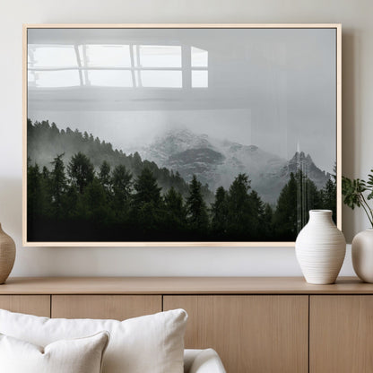 55968349-MGV-FP-36X24-3P_Natural-Misty Mountains Wall Art Canvas Print, Framed Foggy Forest Art Picture Print, Snowy Peaks Perfect Moody Wilderness Decor Artwork