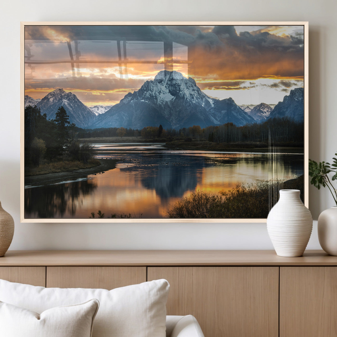 14130176-MGV-FP-36X24-3P_Natural-Mountain Sunset Wall Art Canvas Print, Framed Alpine Wilderness Art Picture Print, Golden Hour Perfect Rustic Wilderness Decor