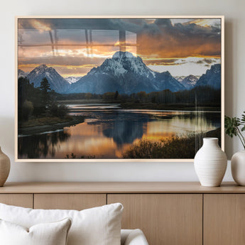 14130176-MGV-FP-36X24-3P_Natural-Mountain Sunset Wall Art Canvas Print, Framed Alpine Wilderness Art Picture Print, Golden Hour Perfect Rustic Wilderness Decor