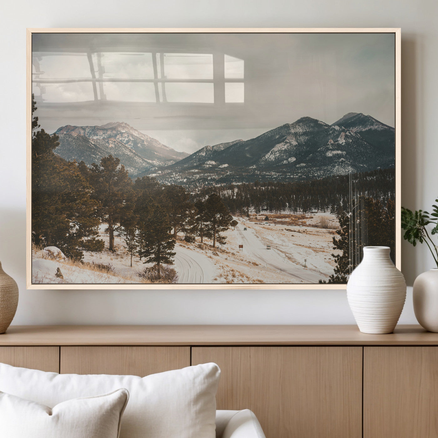 77311749-MGV-FP-36X24-3P_Natural-Mountain Landscape Wall Art Canvas Print, Framed Snowy Peaks Art Picture Print, Alpine Aesthetic Perfect Rustic Winter Decor