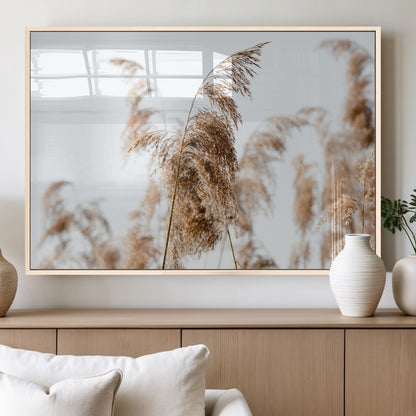 17019393-MGV-FP-36X24-3P_Natural-Pampas Grass Wall Art Canvas Print, Framed Neutral Tones Art Picture Print, Minimalist Nature Perfect Boho Minimalist Decor