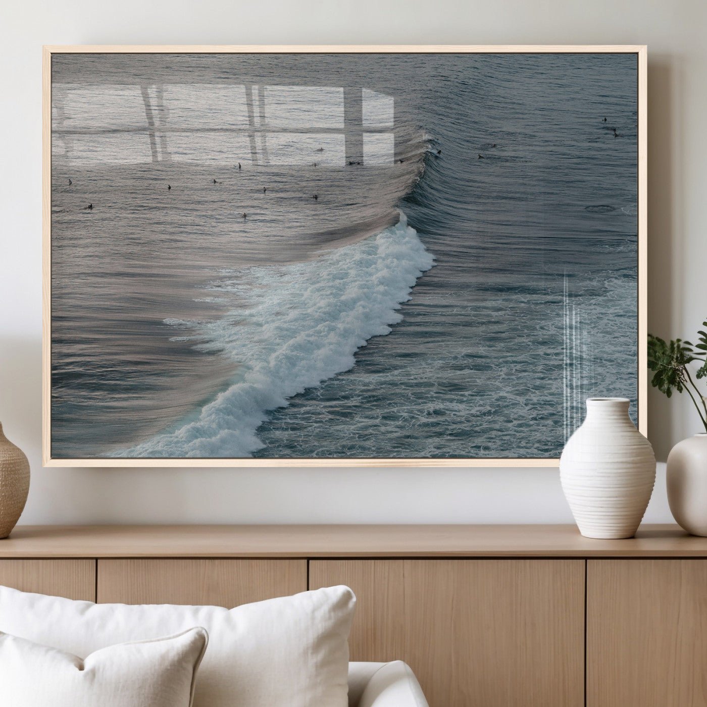 23077324-MGV-FP-36X24-3P_Natural-Ocean Waves Wall Art Canvas Print, Framed Coastal Serenity Art Picture Print, Surf Aesthetic Perfect Modern Coastal Decor Artwork