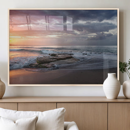 94208089-MGV-FP-36X24-3P_Natural-Golden Hour Wall Art Canvas Print, Framed Tranquil Waves Art Picture Print, Beach Horizon Perfect Coastal Serenity Decor Artwork
